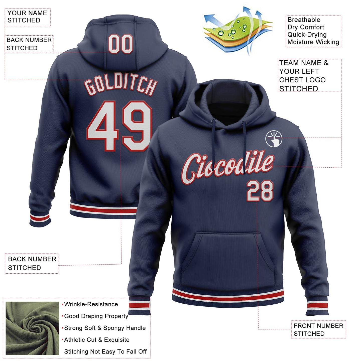 Custom Stitched Navy White-Red Sports Pullover Sweatshirt Hoodie view 3