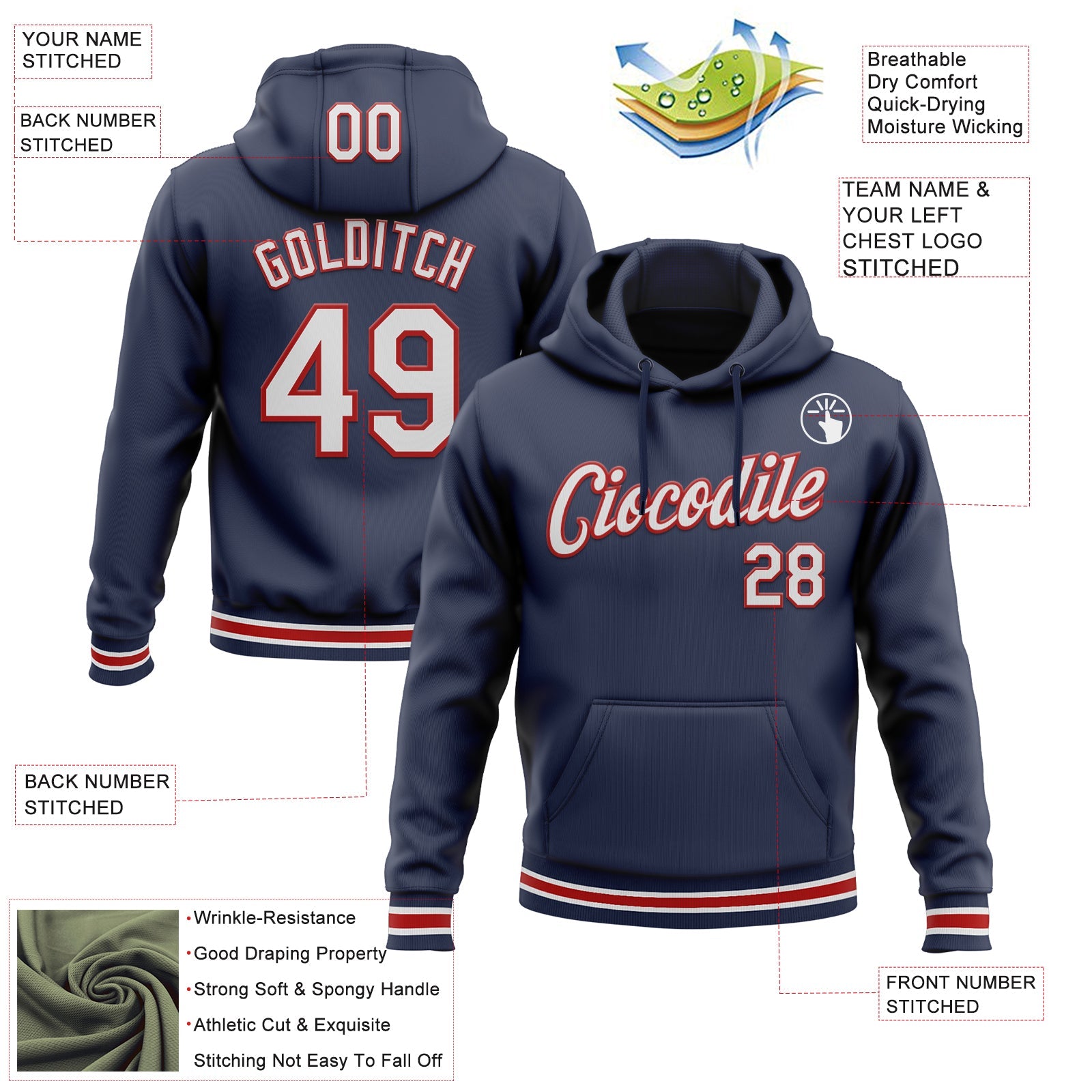 Custom Stitched Navy White-Red Sports Pullover Sweatshirt Hoodie view 3