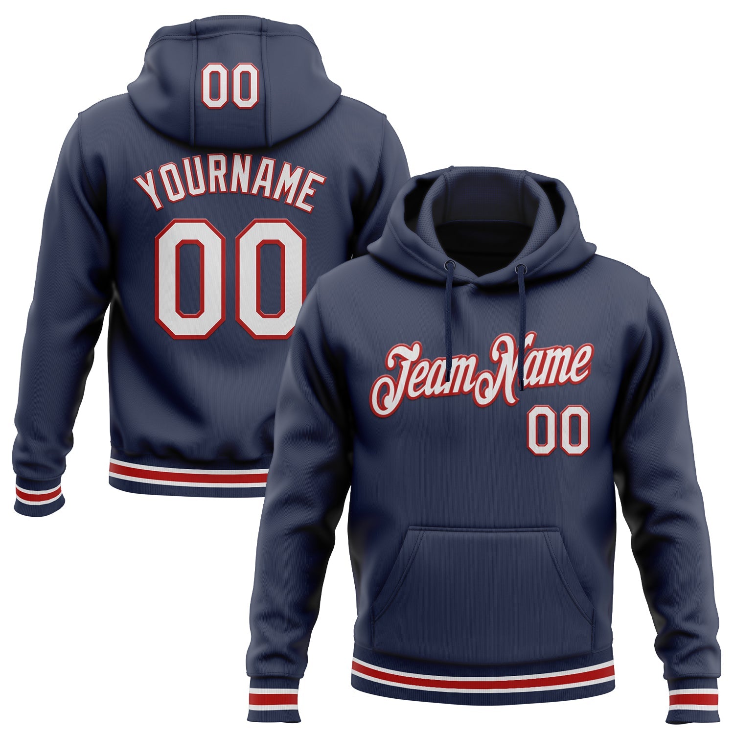 Custom Stitched Navy White-Red Sports Pullover Sweatshirt Hoodie - Main View