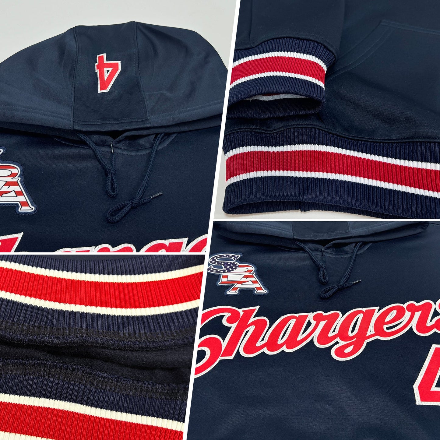 Custom Stitched Navy Red-White Sports Pullover Sweatshirt Hoodie view 2
