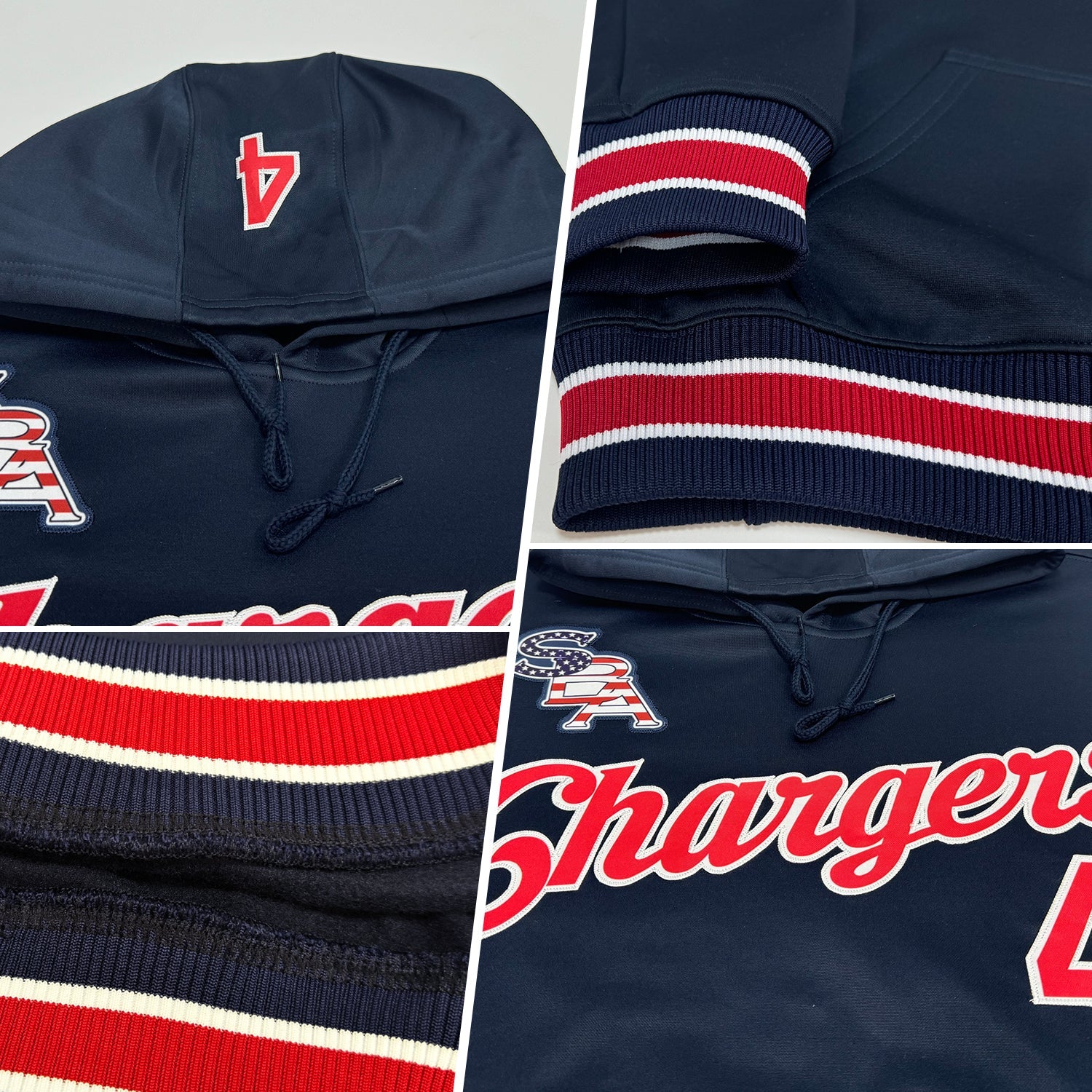 Custom Stitched Navy Red-White Sports Pullover Sweatshirt Hoodie view 2