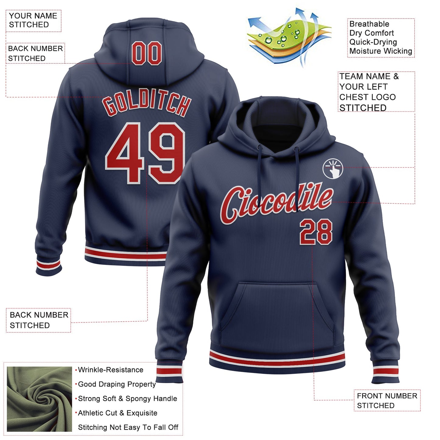 Custom Stitched Navy Red-White Sports Pullover Sweatshirt Hoodie view 3