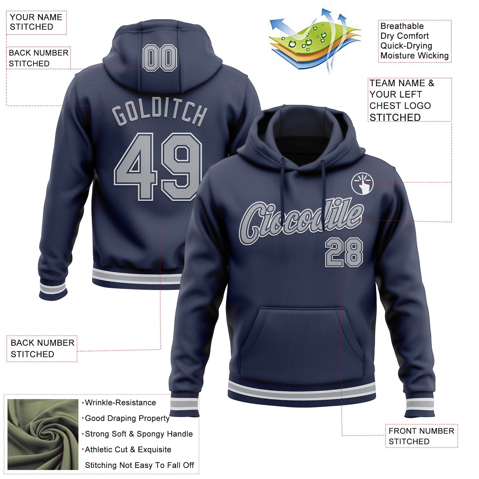 Custom Stitched Navy Gray-White Sports Pullover Sweatshirt Hoodie view 3