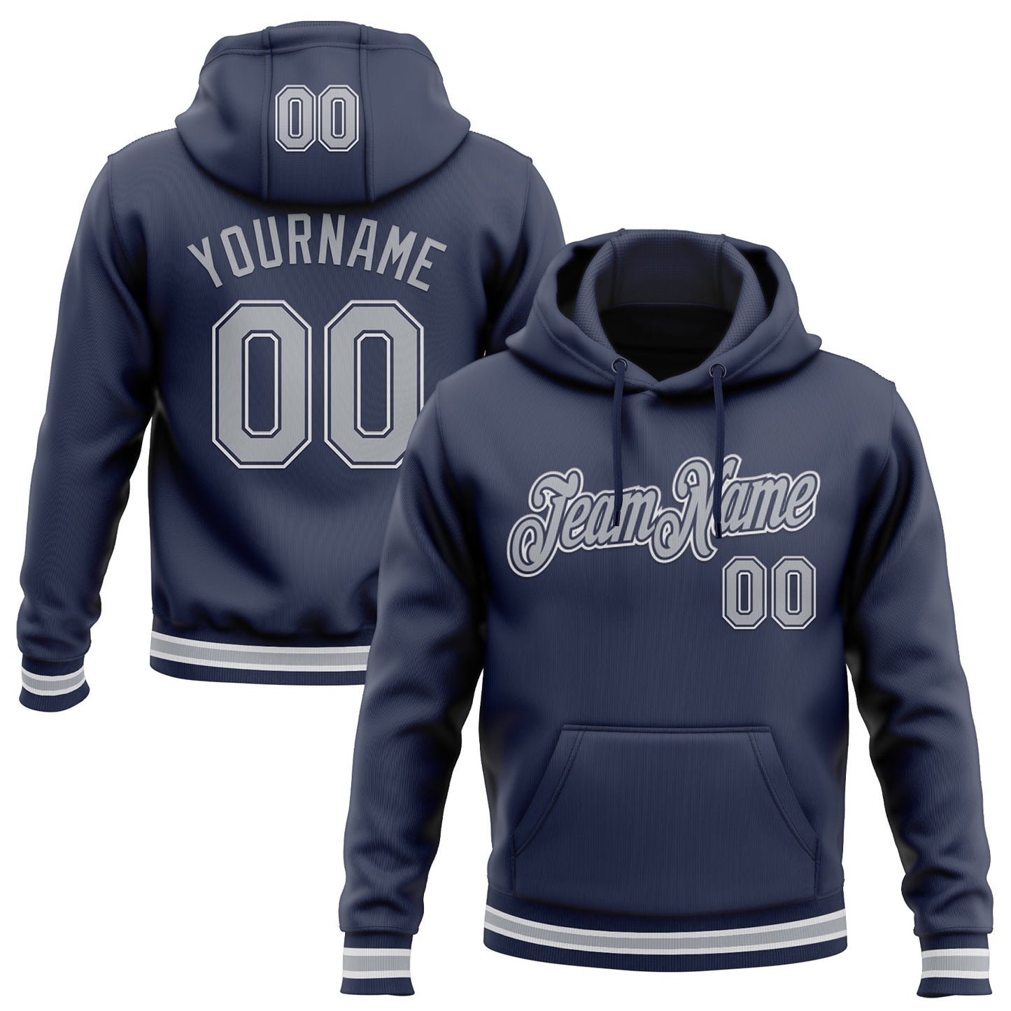 Custom Stitched Navy Gray-White Sports Pullover Sweatshirt Hoodie - Main View
