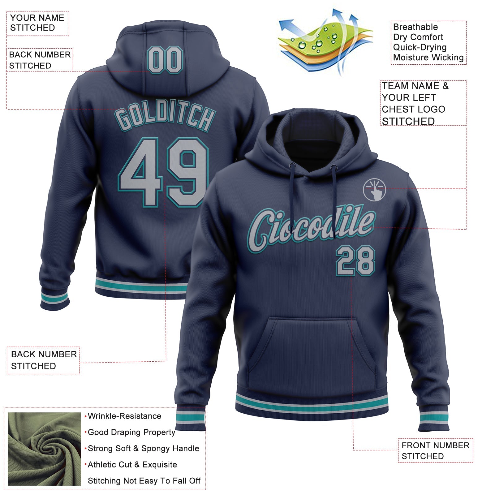 Custom Stitched Navy Gray-Teal Sports Pullover Sweatshirt Hoodie view 3