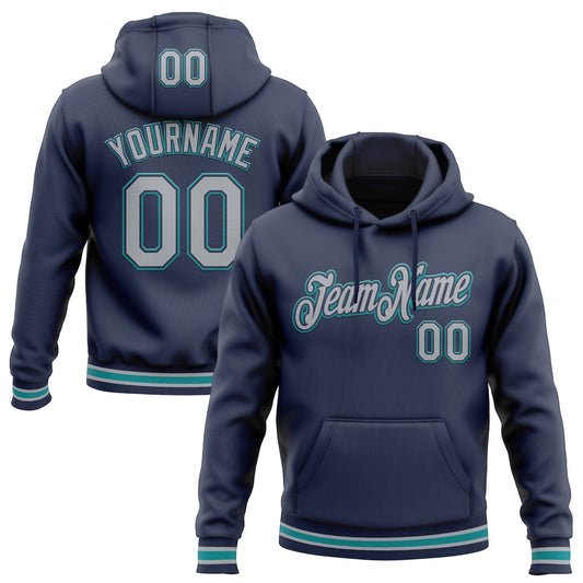 Custom Stitched Navy Gray-Teal Sports Pullover Sweatshirt Hoodie - Main View