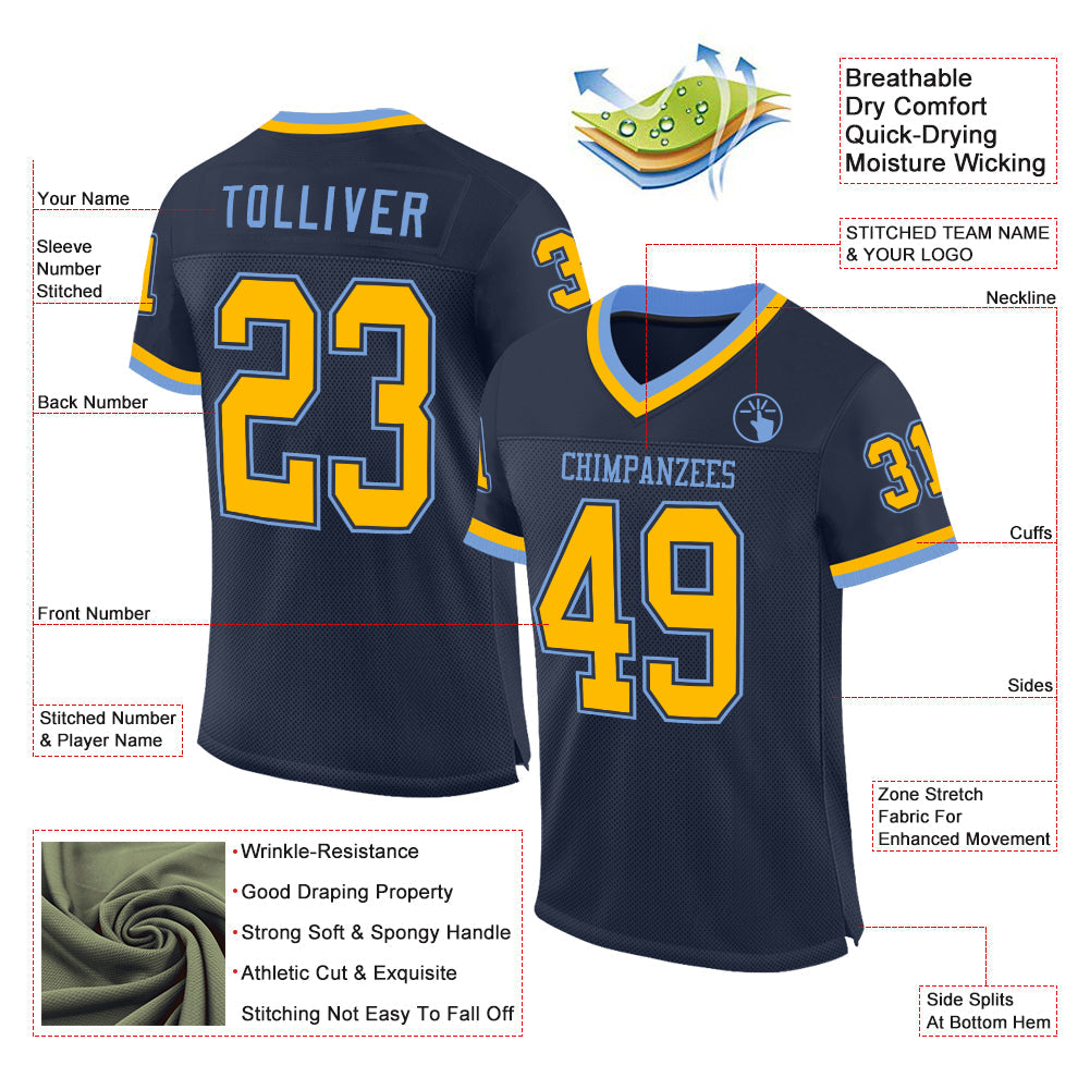 Custom Navy Gold-Light Blue Mesh Authentic Throwback Football Jersey view 2