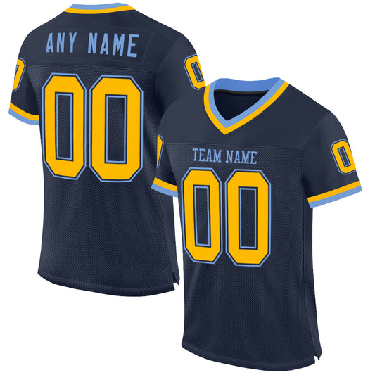 Custom Navy Gold-Light Blue Mesh Authentic Throwback Football Jersey - Main View
