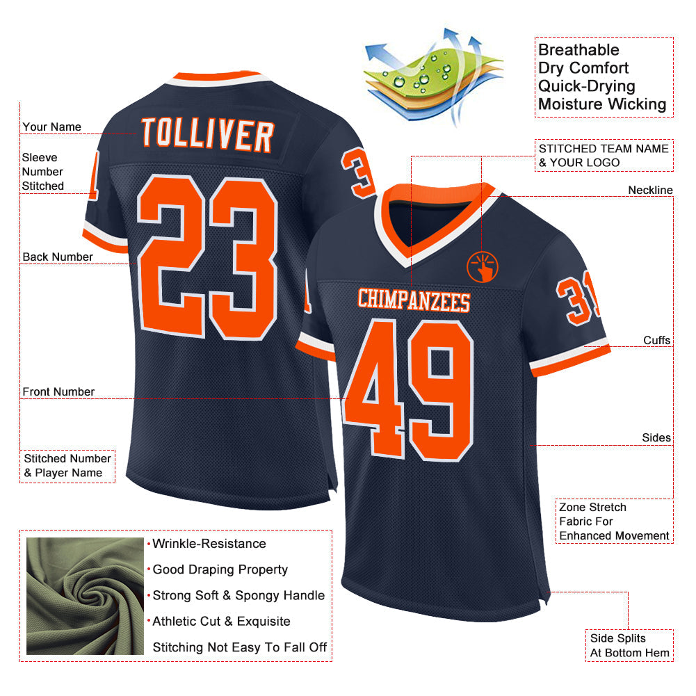 Custom Navy Orange-White Mesh Authentic Throwback Football Jersey view 3