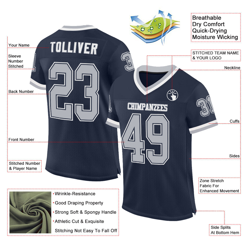 Custom Navy Gray-White Mesh Authentic Throwback Football Jersey view 2