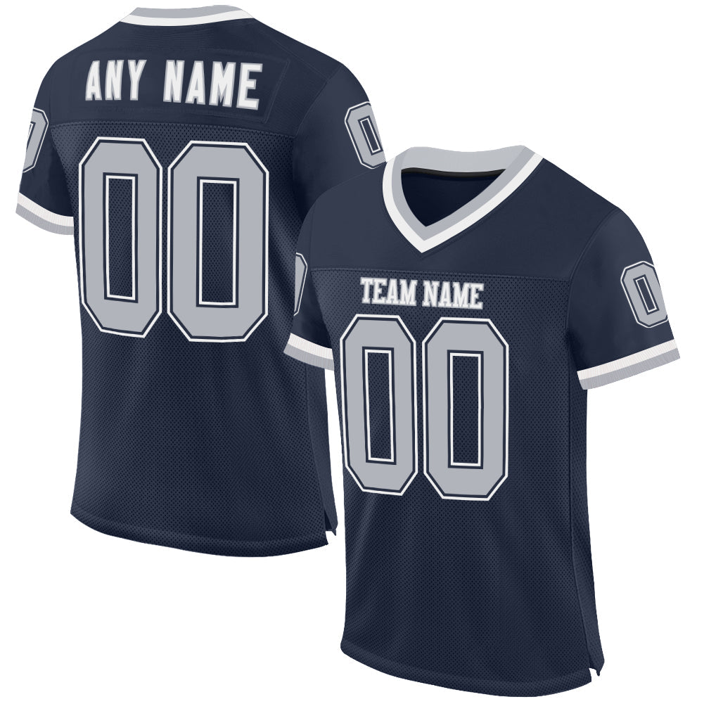 Custom Navy Gray-White Mesh Authentic Throwback Football Jersey - Main View