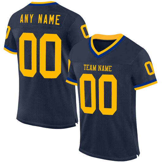 Custom Navy Gold-Royal Mesh Authentic Throwback Football Jersey - Main View