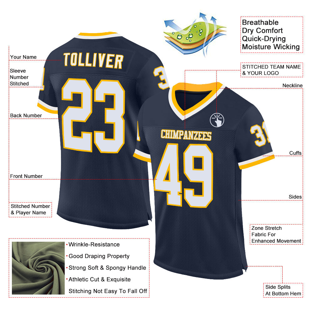 Custom Navy White-Gold Mesh Authentic Throwback Football Jersey view 2