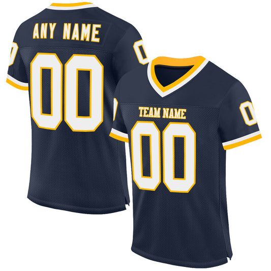 Custom Navy White-Gold Mesh Authentic Throwback Football Jersey - Main View