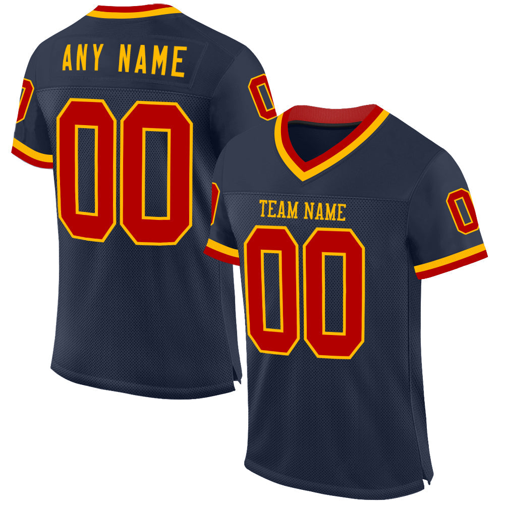 Custom Navy Red-Gold Mesh Authentic Throwback Football Jersey - Main View