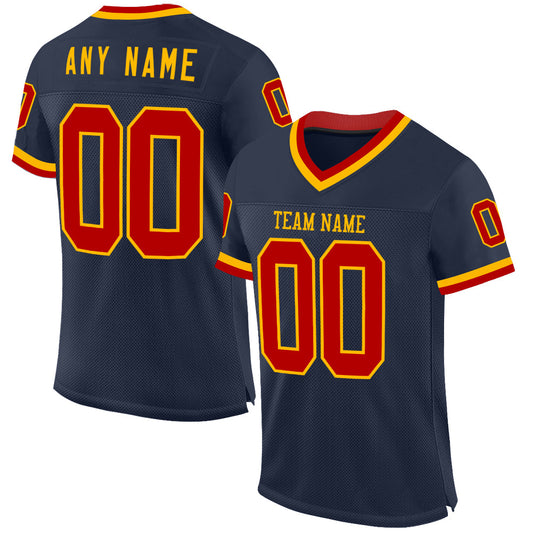 Custom Navy Red-Gold Mesh Authentic Throwback Football Jersey - Main View