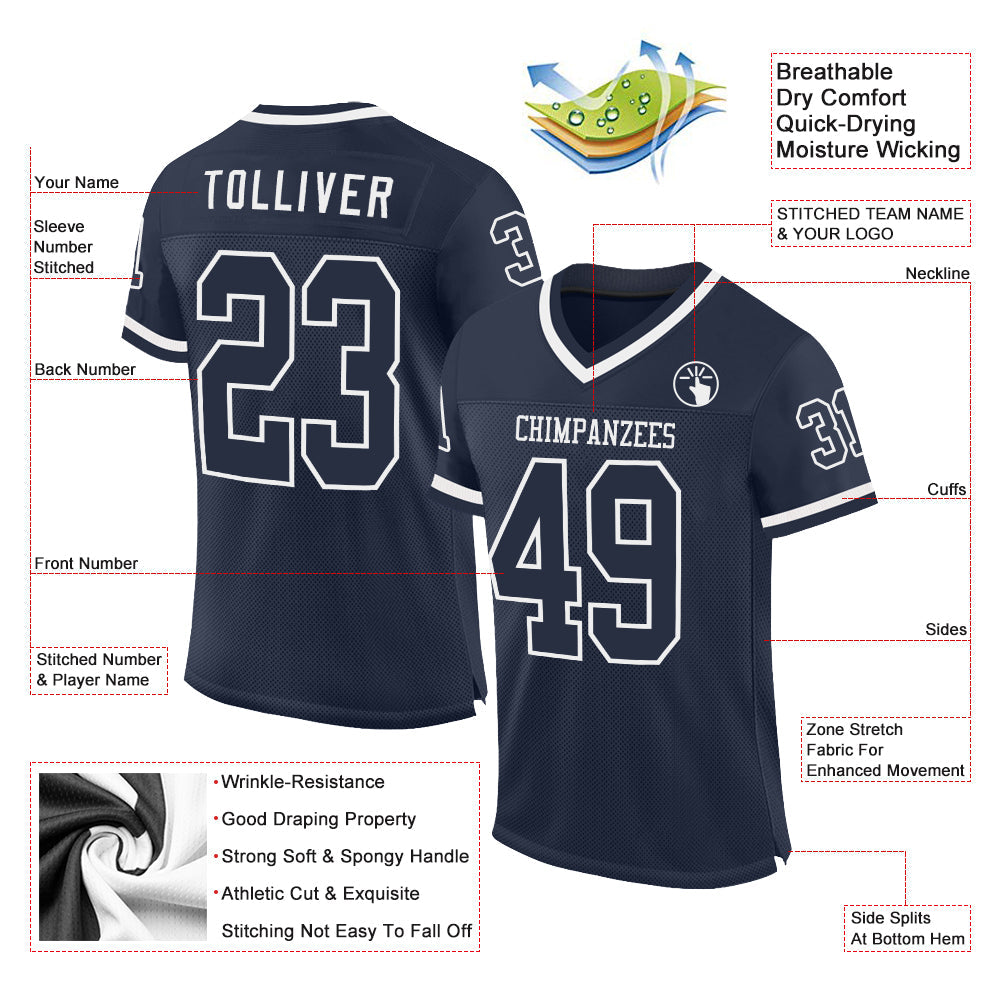 Custom Navy White Mesh Authentic Throwback Football Jersey view 2