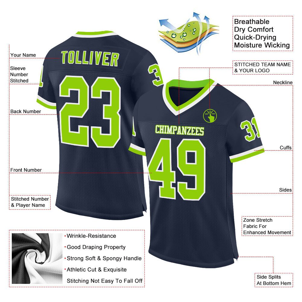Custom Navy Neon Green-White Mesh Authentic Throwback Football Jersey view 2