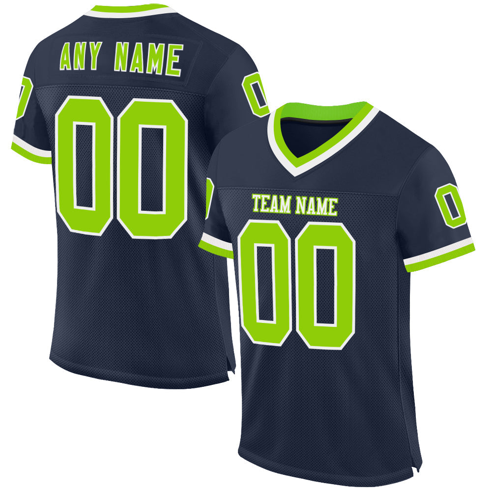 Custom Navy Neon Green-White Mesh Authentic Throwback Football Jersey - Main View