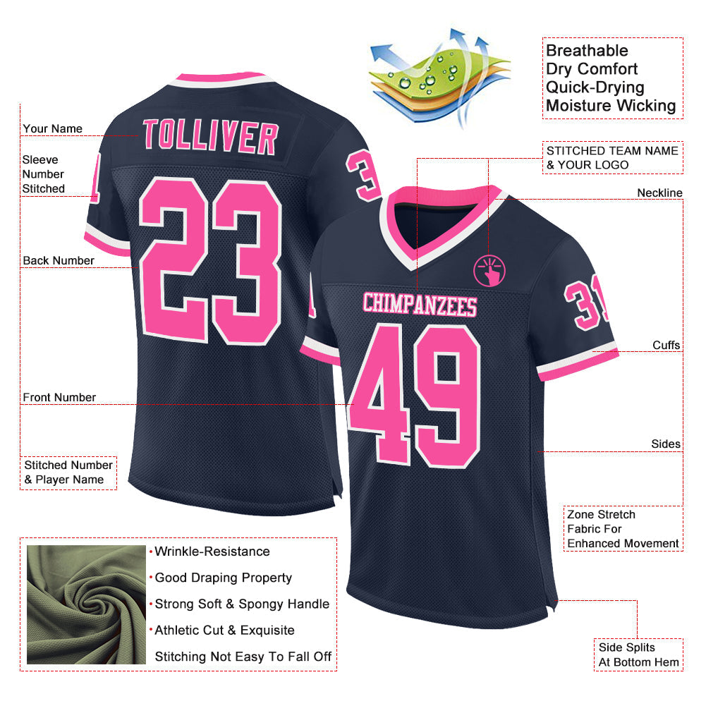 Custom Navy Pink-White Mesh Authentic Throwback Football Jersey view 2