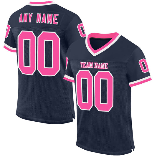 Custom Navy Pink-White Mesh Authentic Throwback Football Jersey - Main View