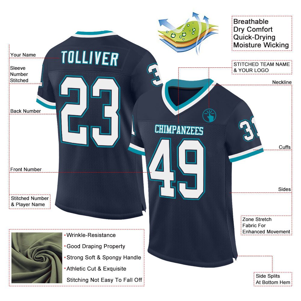Custom Navy White-Teal Mesh Authentic Throwback Football Jersey view 2