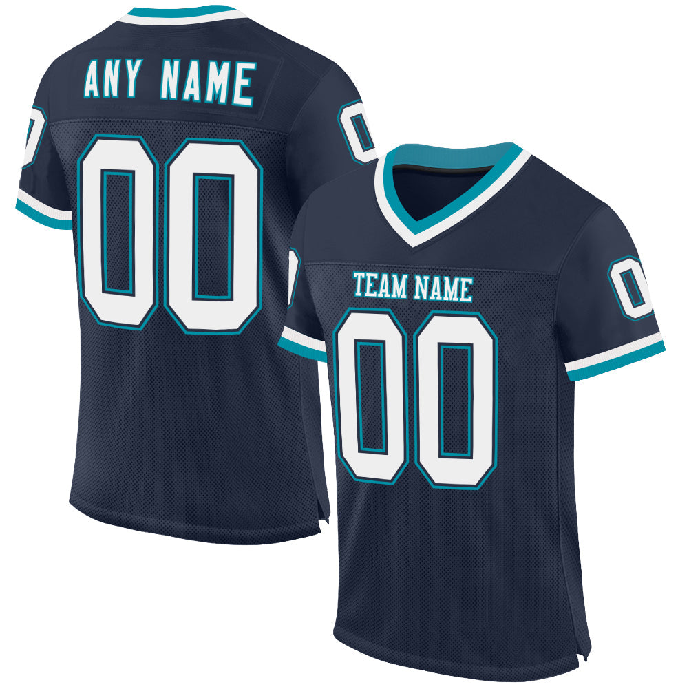 Custom Navy White-Teal Mesh Authentic Throwback Football Jersey - Main View