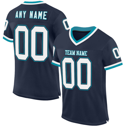 Custom Navy White-Teal Mesh Authentic Throwback Football Jersey - Main View