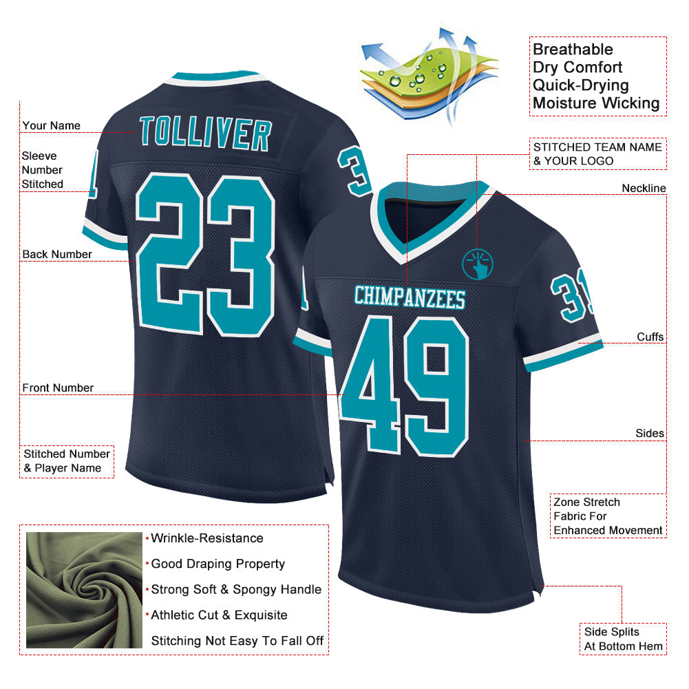 Custom Navy Teal-White Mesh Authentic Throwback Football Jersey view 2