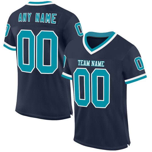 Custom Navy Teal-White Mesh Authentic Throwback Football Jersey - Main View