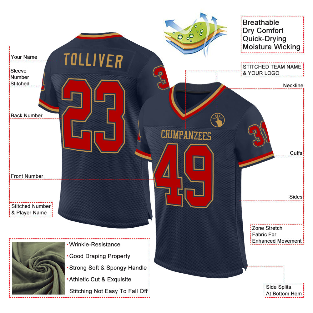 Custom Navy Red-Old Gold Mesh Authentic Throwback Football Jersey view 2