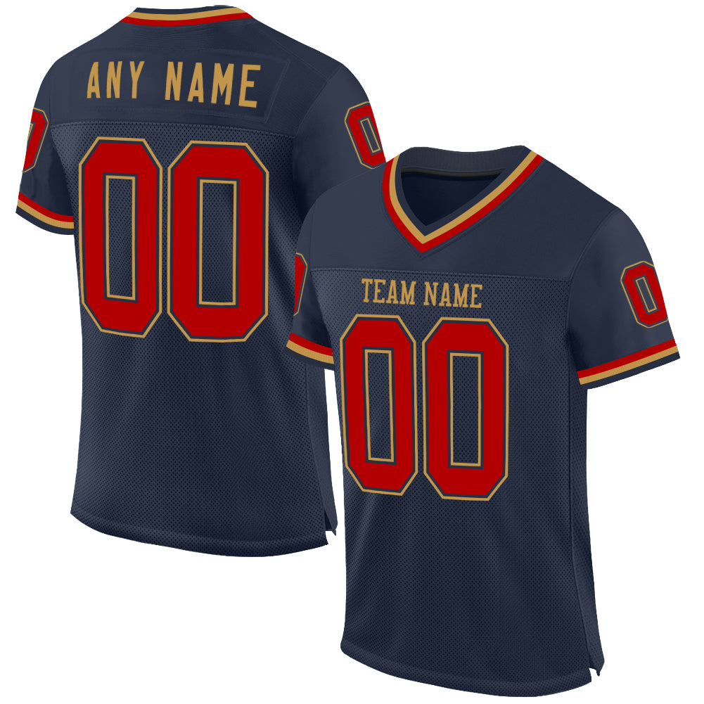 Custom Navy Red-Old Gold Mesh Authentic Throwback Football Jersey - Main View