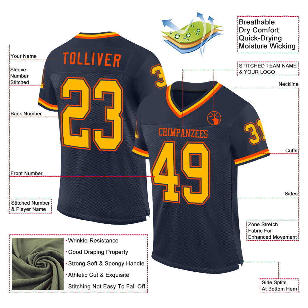 Custom Navy Gold-Orange Mesh Authentic Throwback Football Jersey view 2