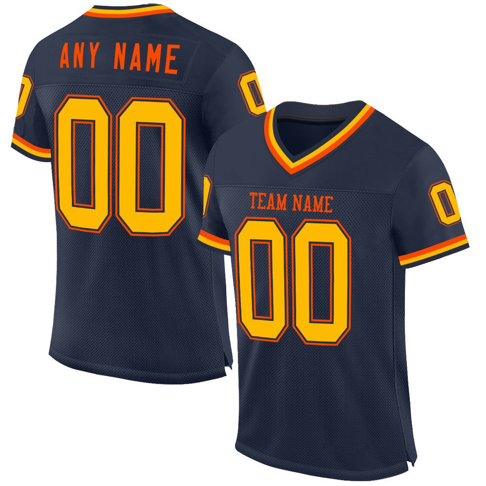 Custom Navy Gold-Orange Mesh Authentic Throwback Football Jersey - Main View