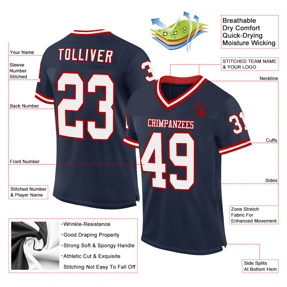 Custom Navy White-Red Mesh Authentic Throwback Football Jersey view 2