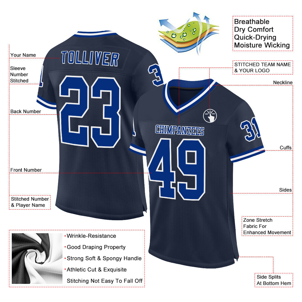 Custom Navy Royal-White Mesh Authentic Throwback Football Jersey view 2