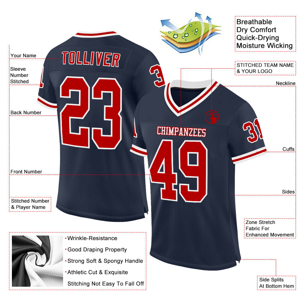 Custom Navy Red-White Mesh Authentic Throwback Football Jersey view 2