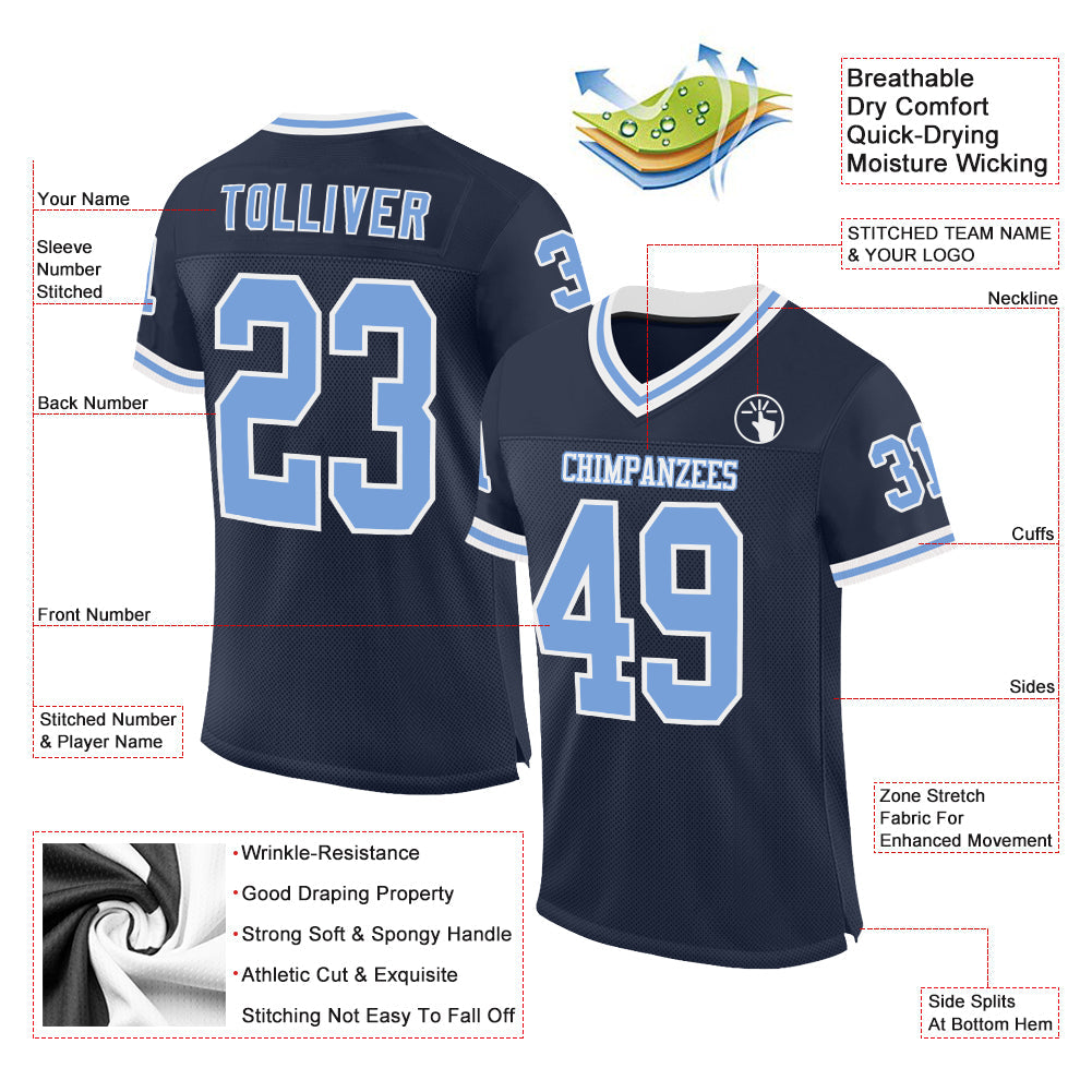 Custom Navy Light Blue-White Mesh Authentic Throwback Football Jersey view 2