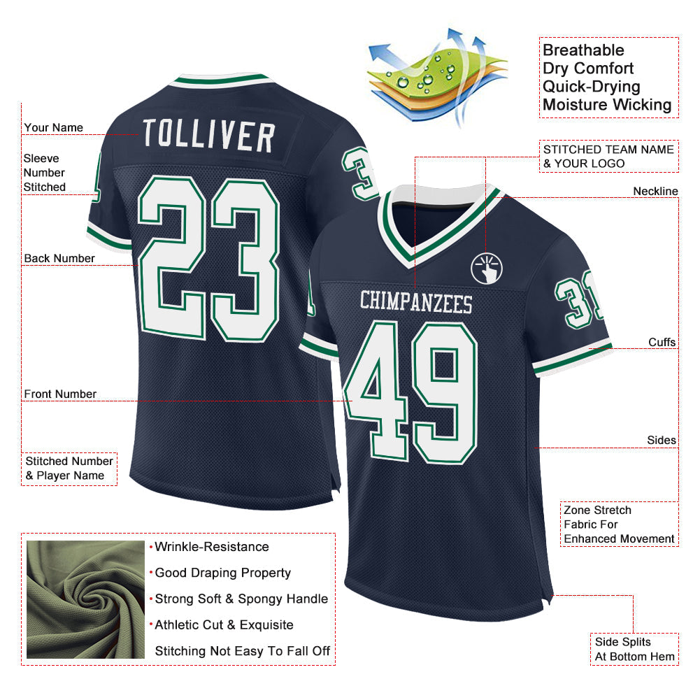 Custom Navy White-Kelly Green Mesh Authentic Throwback Football Jersey view 2