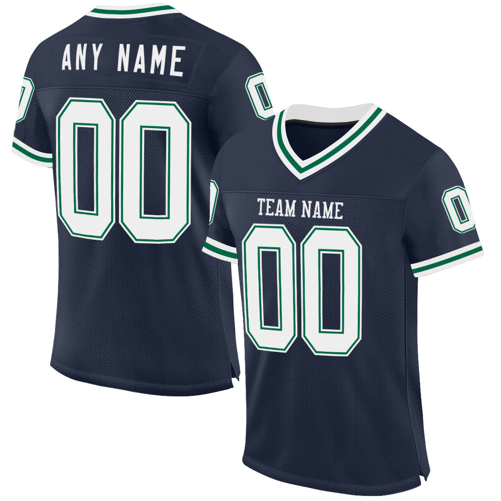 Custom Navy White-Kelly Green Mesh Authentic Throwback Football Jersey - Main View
