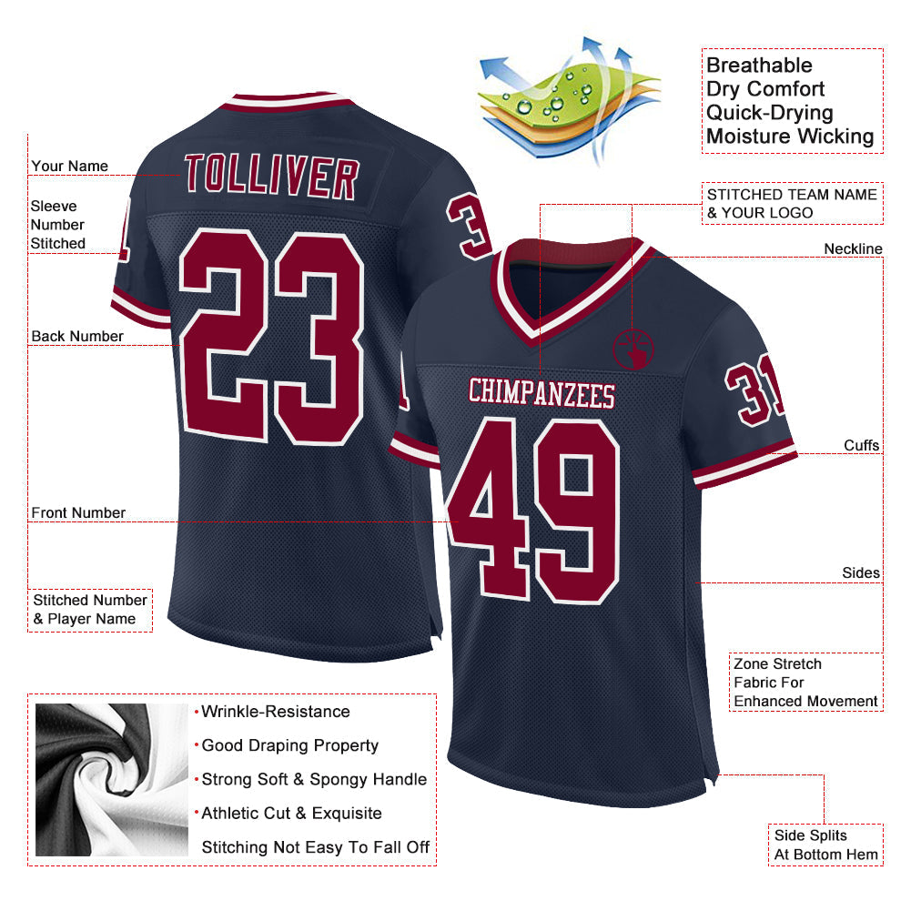 Custom Navy Maroon-White Mesh Authentic Throwback Football Jersey view 2