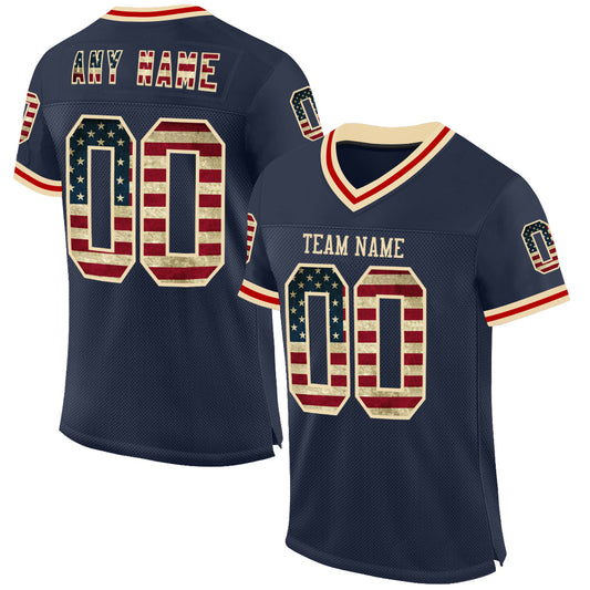 Custom Navy Vintage USA Flag Cream-Red Mesh Authentic Throwback Football Jersey - Main View