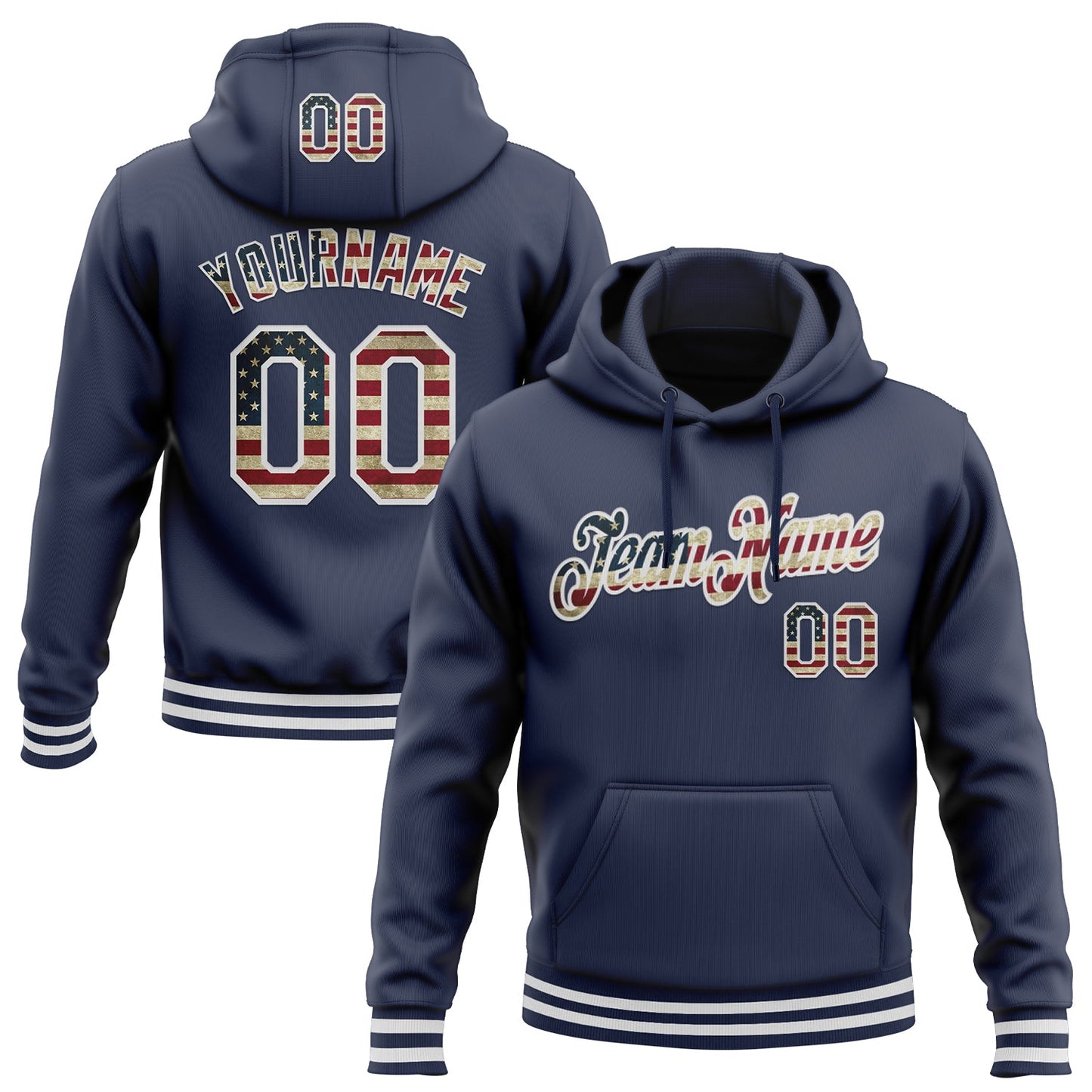 Custom Stitched Navy Vintage USA Flag-White Sports Pullover Sweatshirt Hoodie - Main View