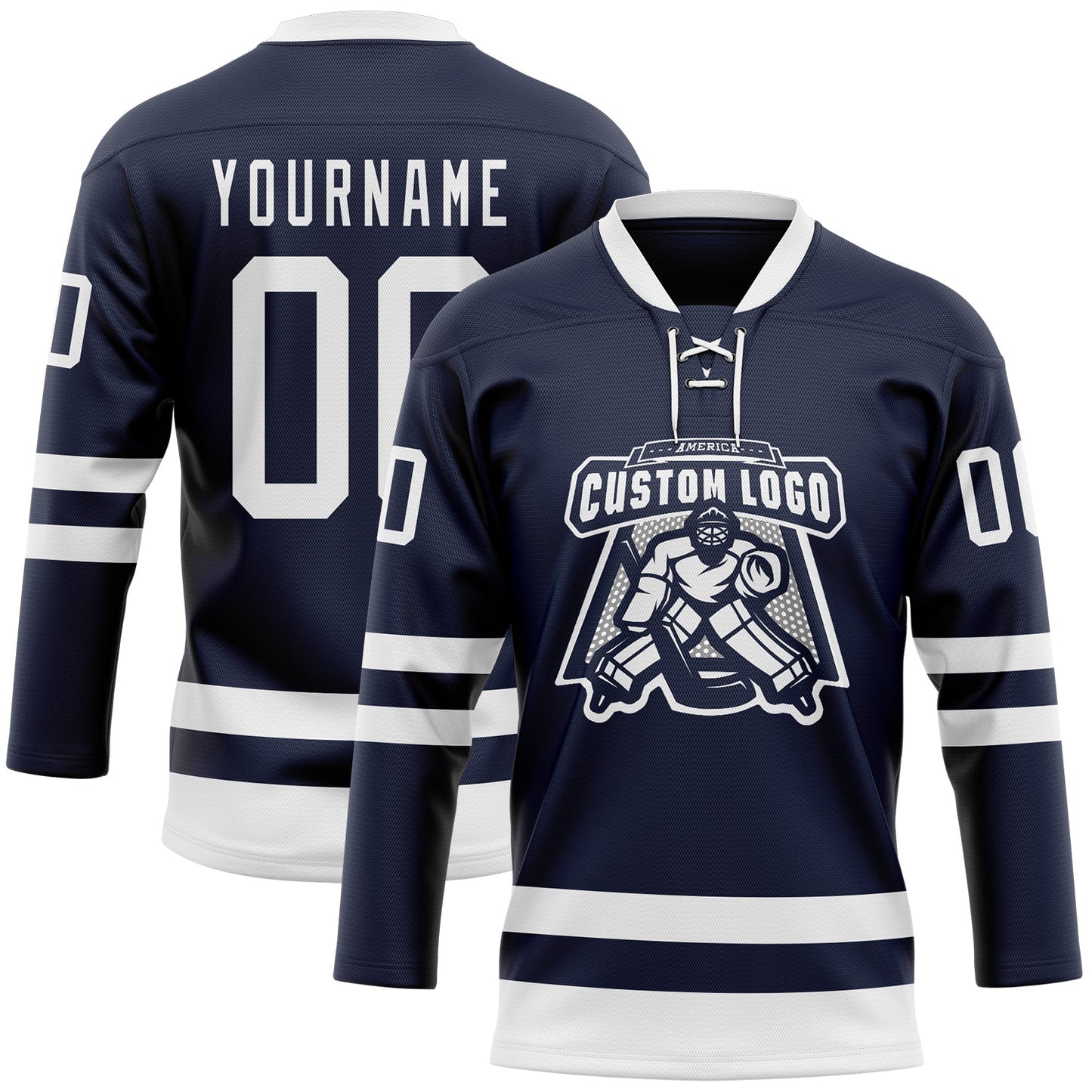 Custom Navy White Hockey Lace Neck Jersey view 2
