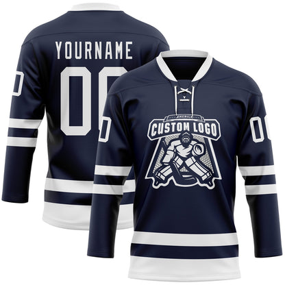 Custom Navy White Hockey Lace Neck Jersey view 2