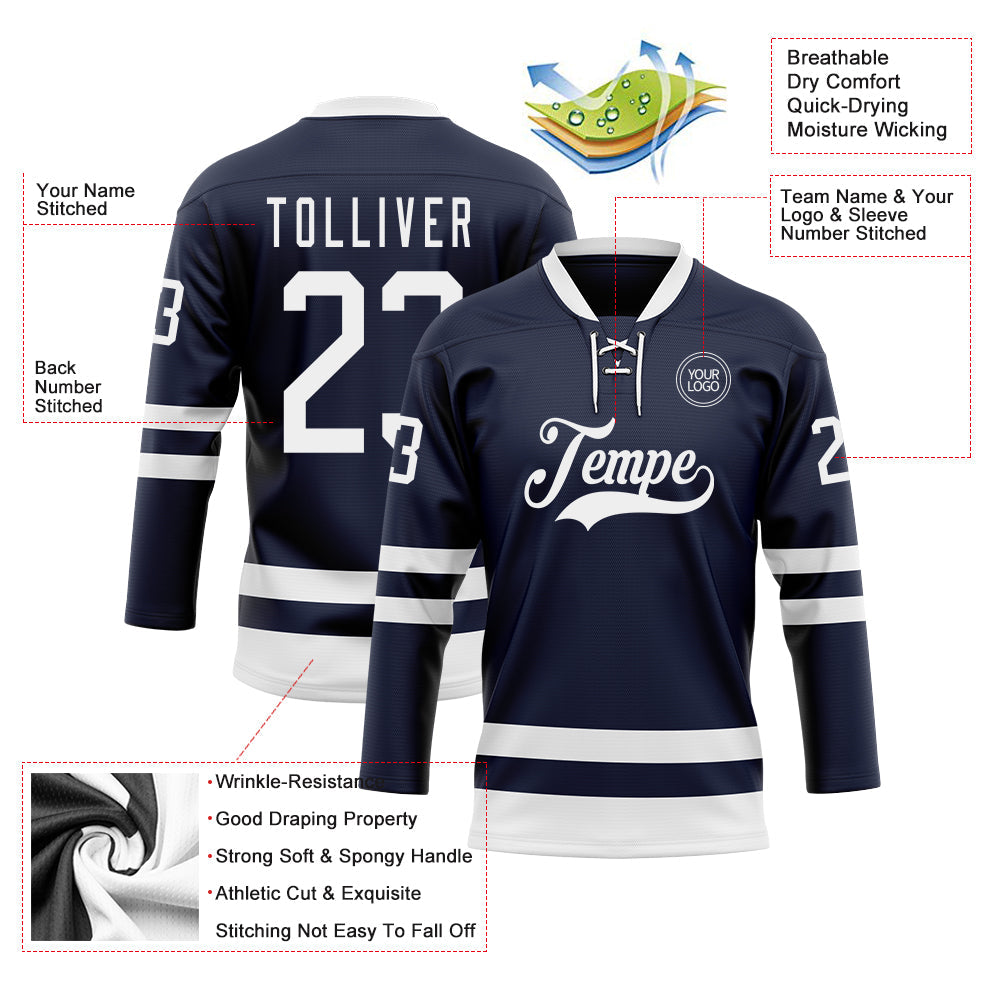 Custom Navy White Hockey Lace Neck Jersey view 3