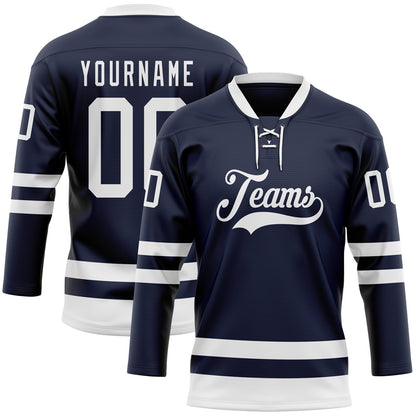 Custom Navy White Hockey Lace Neck Jersey - Main View