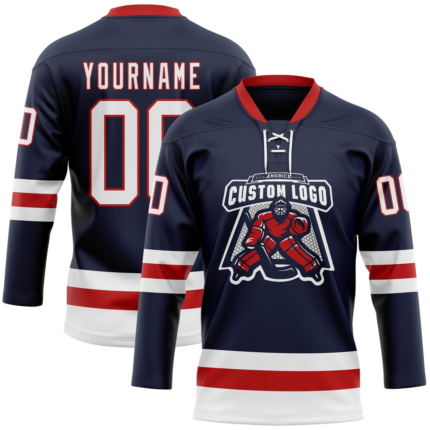 Custom Navy White-Red Hockey Lace Neck Jersey view 2