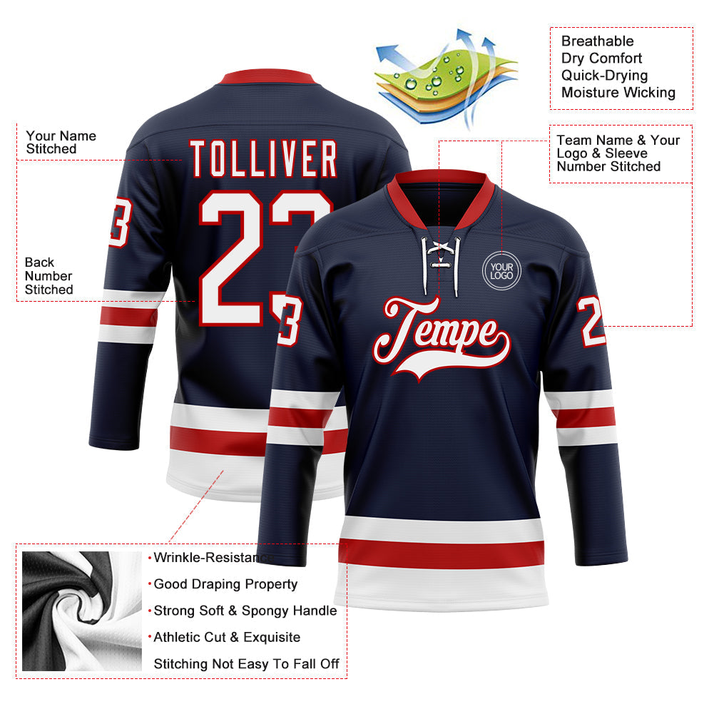 Custom Navy White-Red Hockey Lace Neck Jersey view 3
