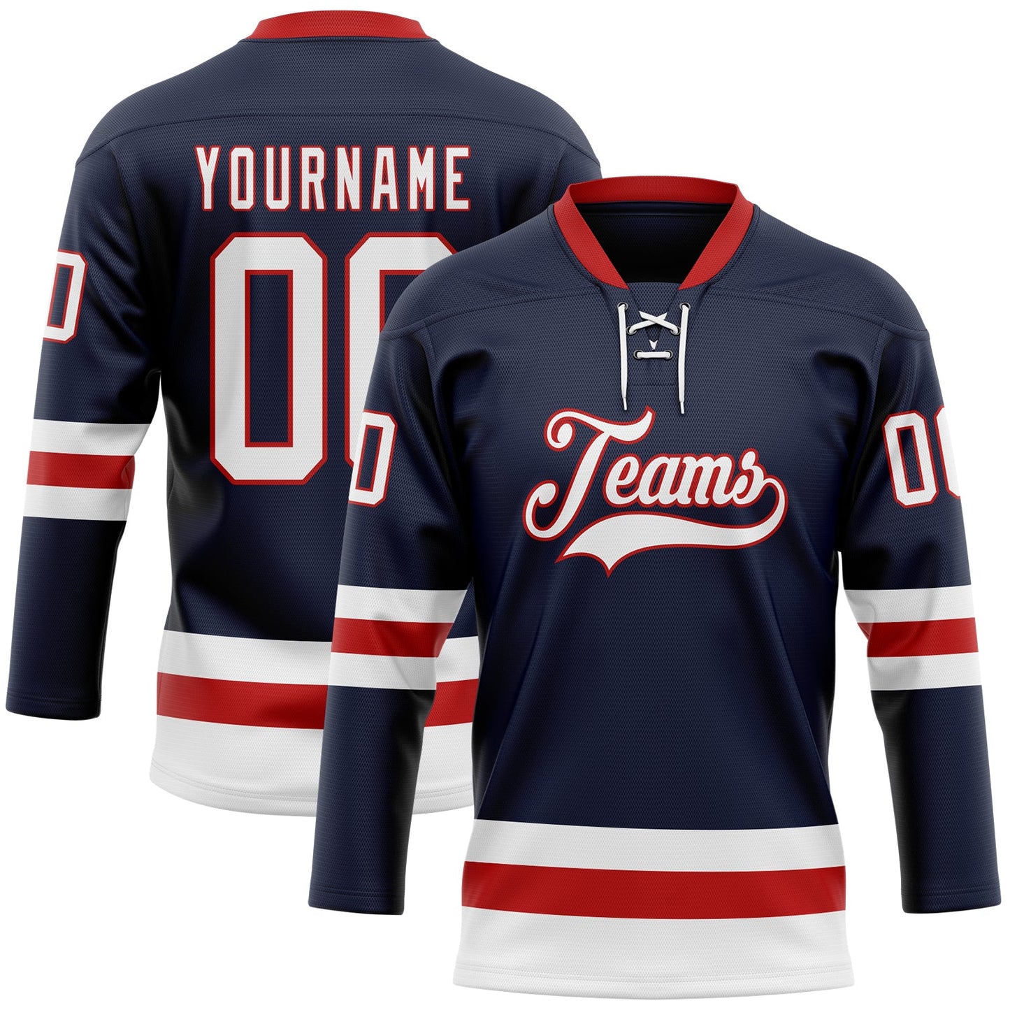 Custom Navy White-Red Hockey Lace Neck Jersey - Main View